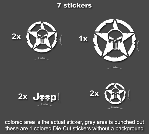 7x Jeep Punisher STAR Decal stickers hood door fender TJ JK CJ YJ JL r